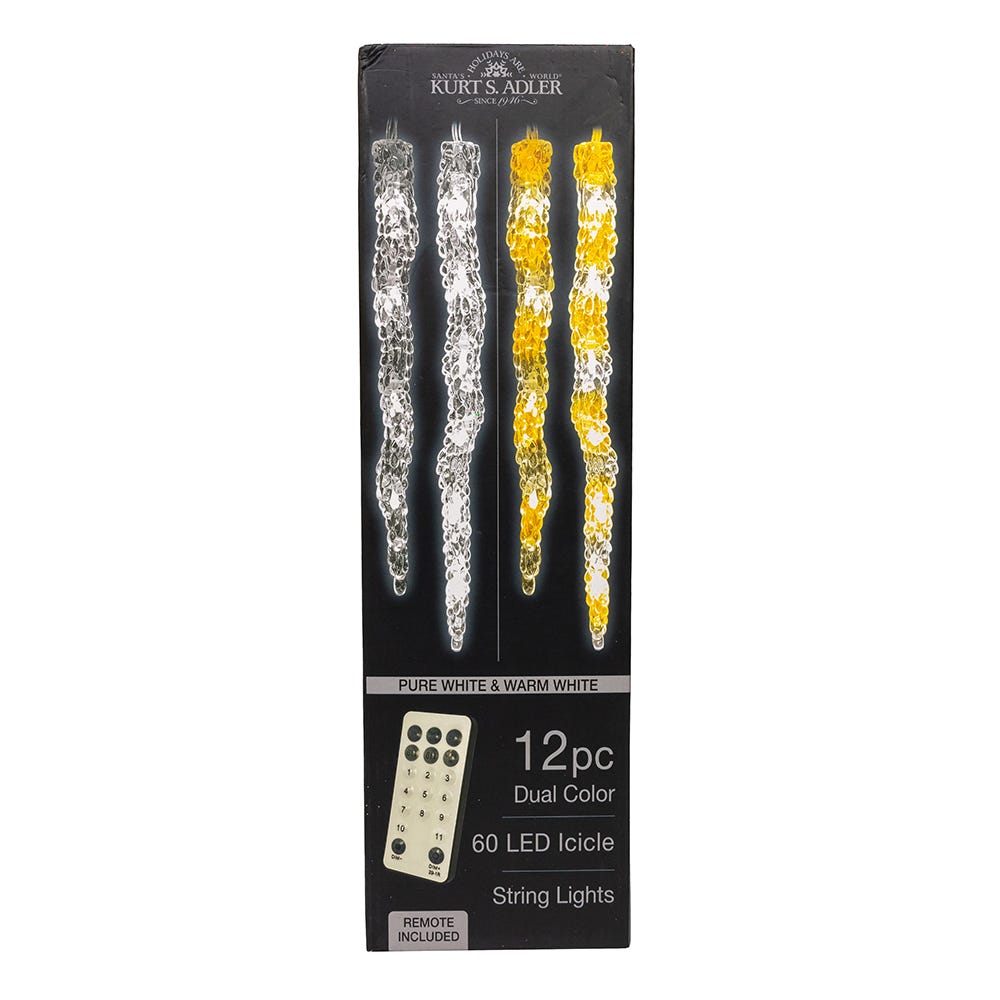 Kurt Adler UL 60-Light Dual Color Pure White/Warm White LED 12-Piece Icicle String Light Set